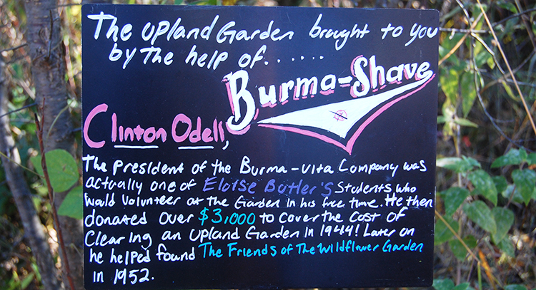 Upland garden signage about Clinton Odell